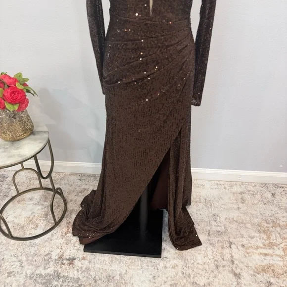 IEENA Mac Duggal Chocolate Brown Sequins Embellished Long Sleeve High Slit Gown